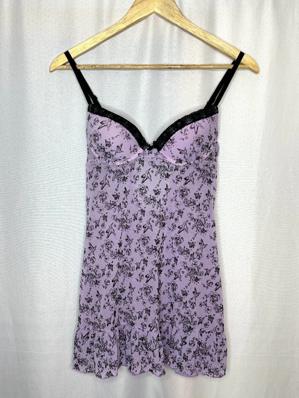 Babydoll Camisole Raised Black Velvet Nature Print, Size 34B Coquette Fairy